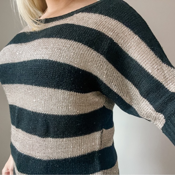 -Tan & Black Striped Knit Sparkle Sweater - Picture 2 of 12